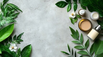 Organic cosmetic products arranged with green leaves on a textured cement background. This flat lay composition showcases organic cosmetic products and highlights their natural appeal.