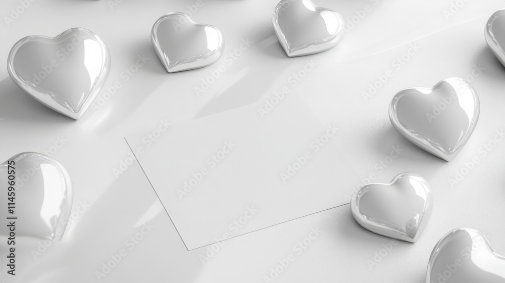 Poster a variety of glossy white hearts are arranged around a blank card set on a bright, smooth surface. t