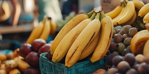Ripe banana displayed at a vibrant marketplace, showcasing the allure of fresh produce. The ripe banana stands out among other fruits, enticing shoppers to enjoy its delicious flavor.
