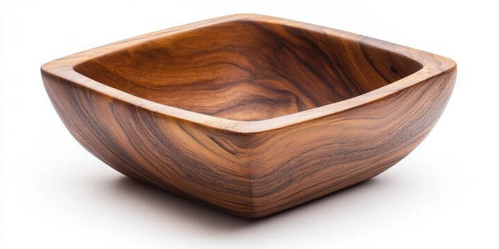 Isolated white background featuring an empty wooden square bowl, emphasizing the unique design and texture of the wooden square bowl for creative culinary displays.