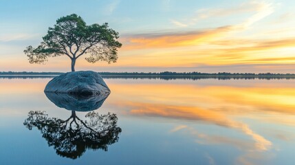Fototapeta premium Tree and rock reflected in a tranquil lake at sunset, capturing the serene beauty of nature with a tree and a rock enhancing the picturesque landscape during the golden hour.