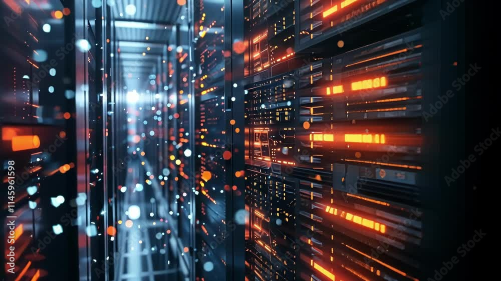 Poster futuristic server room featuring bokeh and light effects, processing big data and showcasing the pow