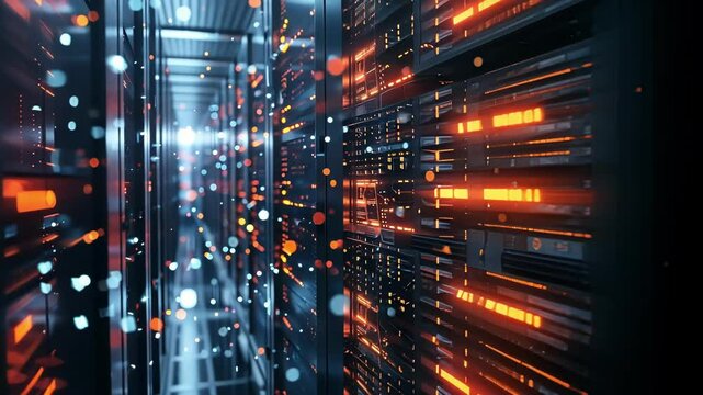 Futuristic server room featuring bokeh and light effects, processing big data and showcasing the power of modern cloud computing and digital network infrastructure