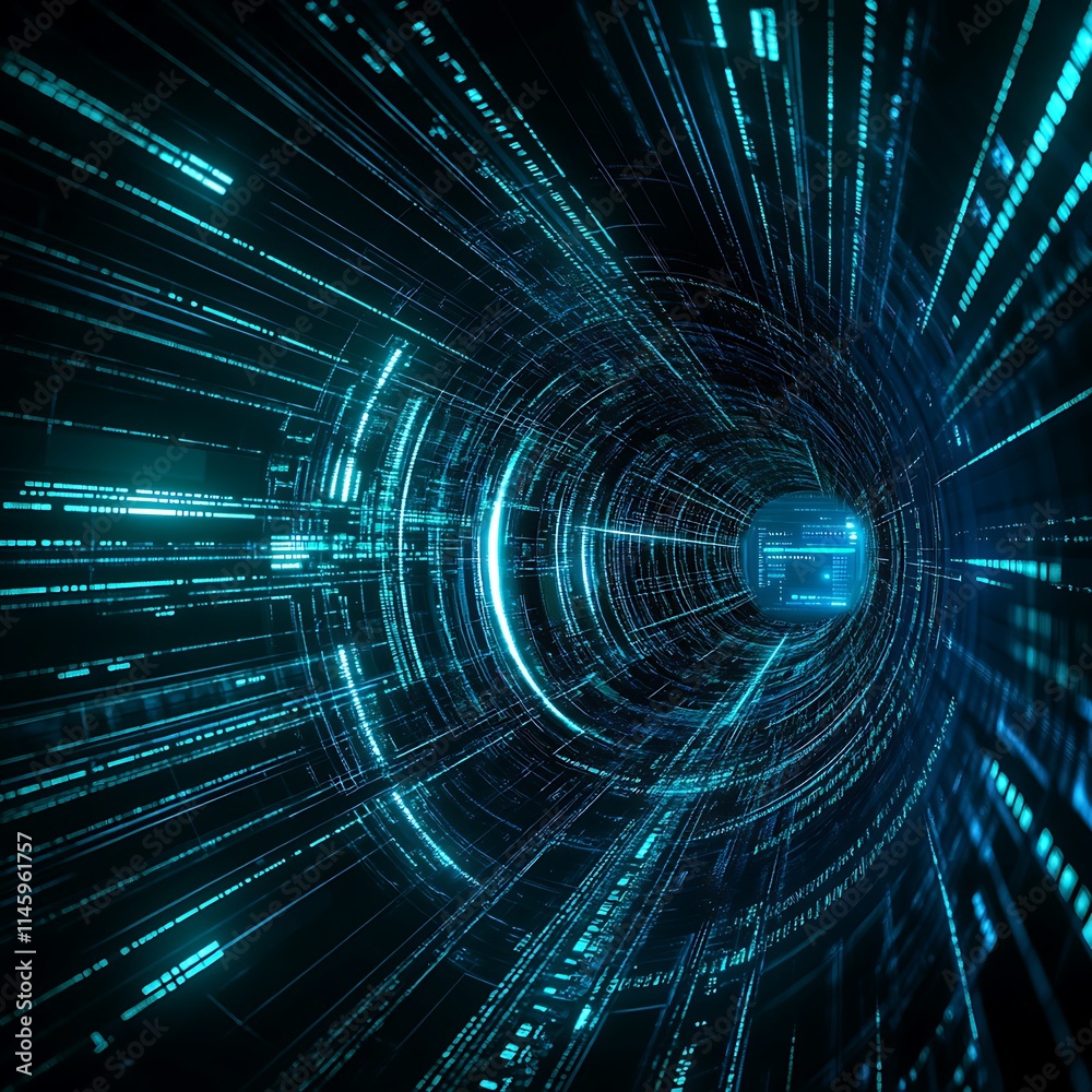 Poster futuristic data stream with glowing lines and circular tunnel effect representing digital technology