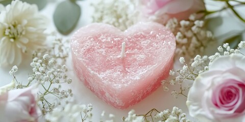 Heart shaped pink rose candle surrounded by delicate flowers on a white background, showcasing the beauty of the heart shape and the elegance of the pink rose candle. Perfect for decor.