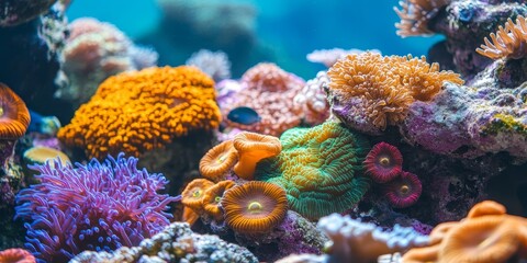 Naklejka premium Close up of a vibrant coral reef underwater, showcasing the intricate details and colors of the coral reef in its natural habitat, emphasizing the beauty of the coral reef ecosystem.