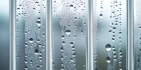 Rainy day scene featuring a glass filled with water droplets on a window adorned with white bars, capturing the essence of a rainy day in a horizontal orientation.