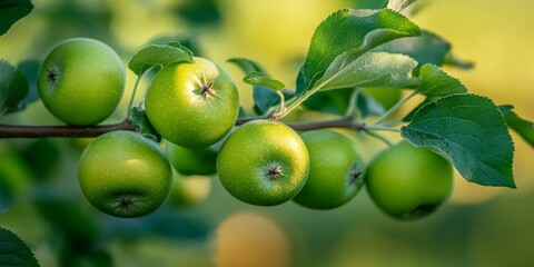 A branch featuring green unripe apples in an apple orchard during a sunny summer day highlights the beauty of nature and the growth of apples in the orchard setting.