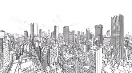Sketch of a dense urban cityscape with skyscrapers