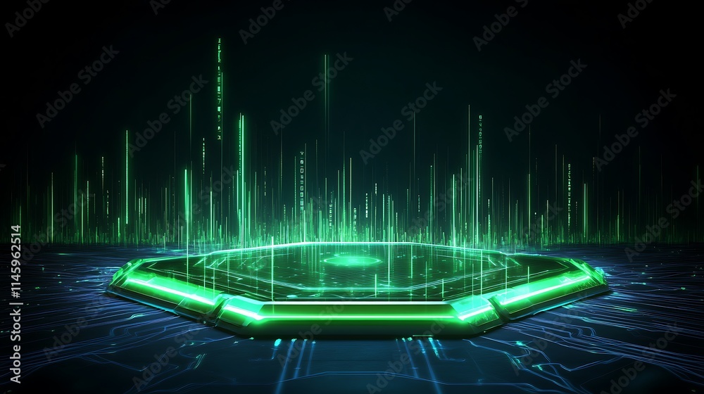 Poster futuristic digital interface with glowing green elements and abstract data visualization in dark env