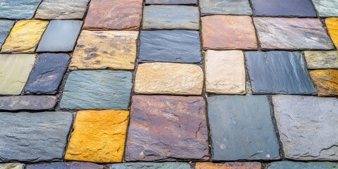 Colorful paving slabs and stones in various rectangular and square shapes arranged in patterns create an appealing background or texture, ideal for enhancing pathways and outdoor spaces.