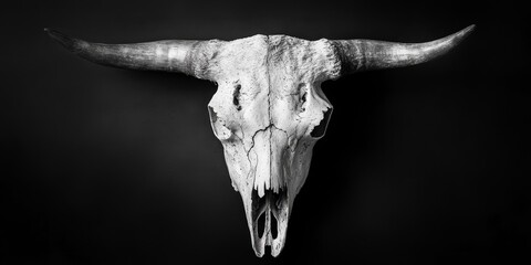 Fototapeta premium Black and white cow skull photography showcasing the unique textures and details of the cow skull, perfect for artistic projects and creative endeavors featuring cow skull imagery.
