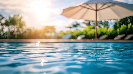 Umbrella by the pool creates a perfect atmosphere for relaxation and enjoyment. The umbrella enhances the swimming pool experience for a memorable holiday and vacation concept.