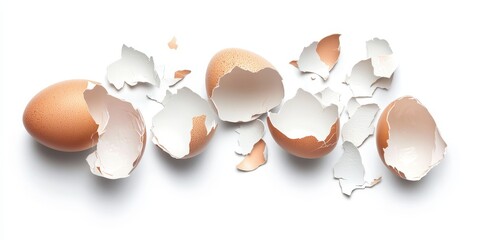 Broken eggshells displayed on a white background, highlighting the texture and detail of broken eggs. The broken eggshells create a visually appealing focal point with a clean clipping path.