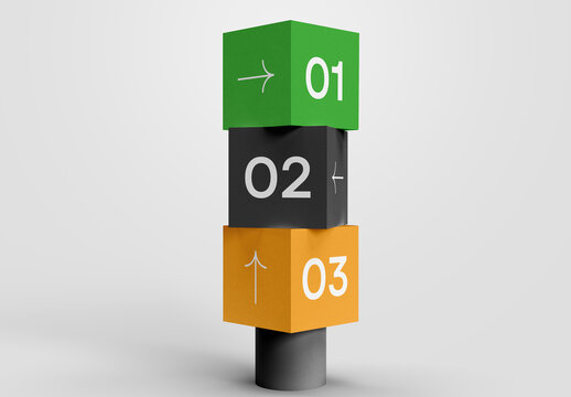 3D Directional Signage Mockup with Numbered Blocks &ndash; Realistic Wayfinding Template for Airport, Shopping Mall, or Exhibition Navigation and Informational Display
