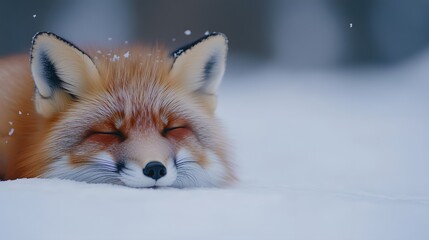 Fototapeta premium A red fox sleeping in the snow, Generative AI 