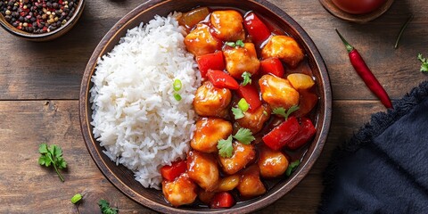 Delicious sweet and sour chicken served with steamed rice, showcasing a vibrant top view of this delightful dish featuring sweet and sour chicken and perfectly steamed rice.