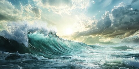 Majestic ocean view showcasing a powerful surfing ocean wave under a partly cloudy sky with sunlight shining through, capturing the essence of a vibrant ocean wave scene.