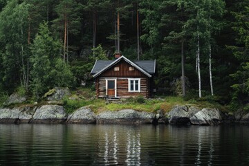 Obraz premium A cozy cabin situated at the edge of a serene lake, surrounded by dense forest