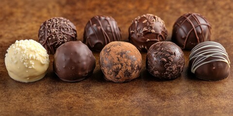 Decadent chocolate truffles beautifully arranged on a rich brown background, showcasing the elegance and indulgence of chocolate truffles in a delightful presentation.