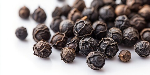 Obraz premium Black peppercorns arranged on a white background, showcasing the unique texture and color of black peppercorns. A close up view highlights the distinctive features of black peppercorns ideal for