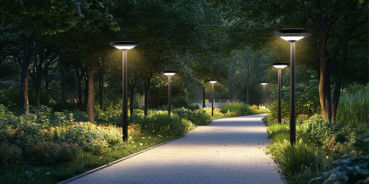 Innovative solar street lamp illuminating park pathways, showcasing the benefits of solar street lamp technology for eco friendly outdoor lighting solutions in public spaces.
