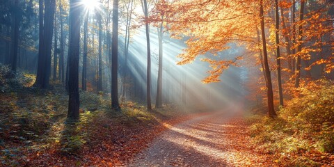 Obraz premium Autumn footpath winds through a foggy forest, beautifully illuminated by sunbeams, creating a serene atmosphere perfect for exploring the enchanting footpath amid the colorful leaves.