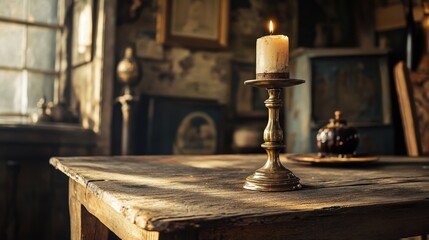 A vintage brass candle holder, with worn candles inside, casting flickering shadows on the walls as it sits atop an antique wooden table in a room filled with nostalgic items