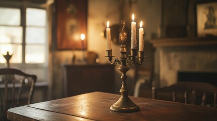 A vintage brass candle holder, with worn candles inside, casting flickering shadows on the walls as it sits atop an antique wooden table in a room filled with nostalgic items