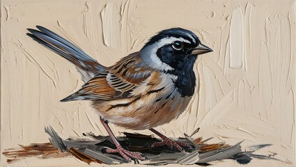 sparrow on a branch Oil Painting. Brush Strokes Canvas Texture.