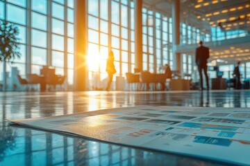 Obraz premium A bright, modern lobby with large windows, showing people and a document on the floor, illuminated by warm sunlight.
