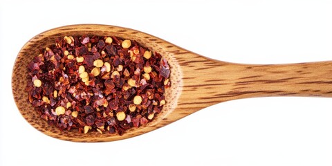 Crushed red pepper flakes showcased in a wooden spoon against a white background, highlighting the vibrant texture and color of the crushed red pepper flakes. Perfect for culinary visuals.