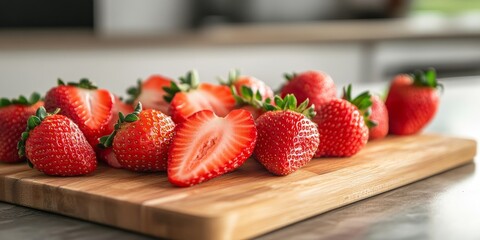 Juicy fresh strawberries beautifully arranged on a chopping board, highlighting the vibrant colors and textures of fresh strawberries in a kitchen setting. Perfect for food related themes.
