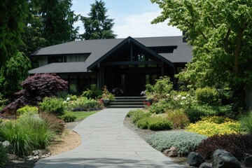 Fototapeta premium A house with a pathway leading up to the entrance, suitable for real estate or architecture photos