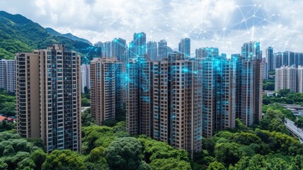 Aerial view of urban high-rises surrounded by greenery, showcasing a blend of nature and technology with digital overlays.
