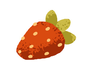 Strawberry, fresh red berry. Sweet ripe garden fruit with seeds, green leaf. Healthy summer food. Natural vitamin eating. Flat graphic vector illustration isolated on white background