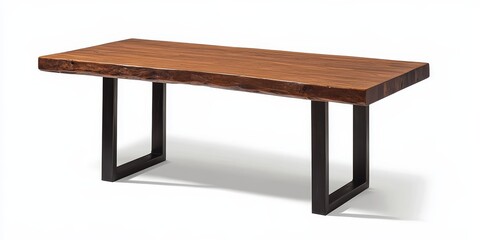 Fototapeta premium Solid wood dining table featuring a natural texture, complemented by sturdy iron legs, showcasing the perfect blend of style and functionality in your dining space. Solid wood dining table appeals to
