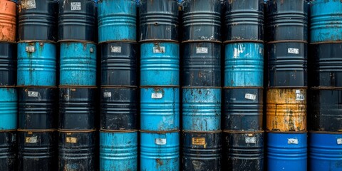 Stacked oil barrels and chemical drums, including containers filled with hydrocarbons, depict the hazardous waste of black and blue oil tanks in the industry. Oil barrels play a crucial role in
