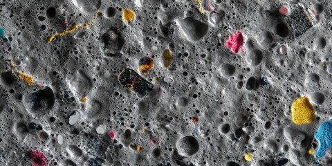 Close up of gray foam featuring a macro perspective that showcases various recycled color patches embedded within the gray foam texture. This highlights the unique characteristics of gray foam.