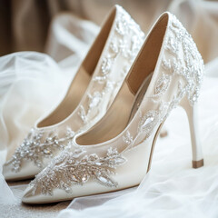 Elegant bridal high heels adorned with intricate embellishments and delicate fabric, perfect for a wedding day celebration
