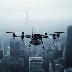 High-Tech Drone Soaring Above Cityscape