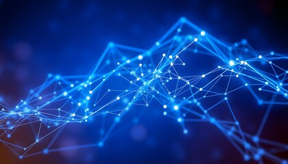 Network visualization with interconnected nodes displaying digital data transmission in abstract design