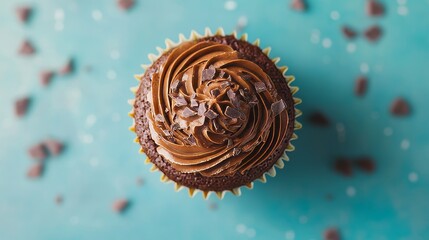 Top view of a delicious muffin topped with rich chocolate cream, showcasing the delightful texture and inviting appearance of the muffin on a vibrant blue table. Enjoy this tempting muffin.