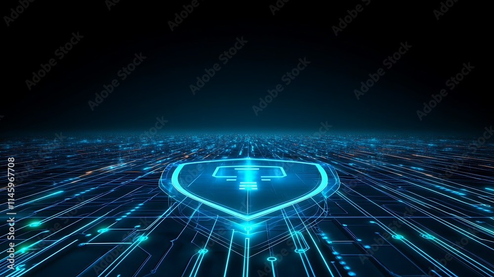 Poster futuristic digital shield with abstract circuit pattern and glowing technology background