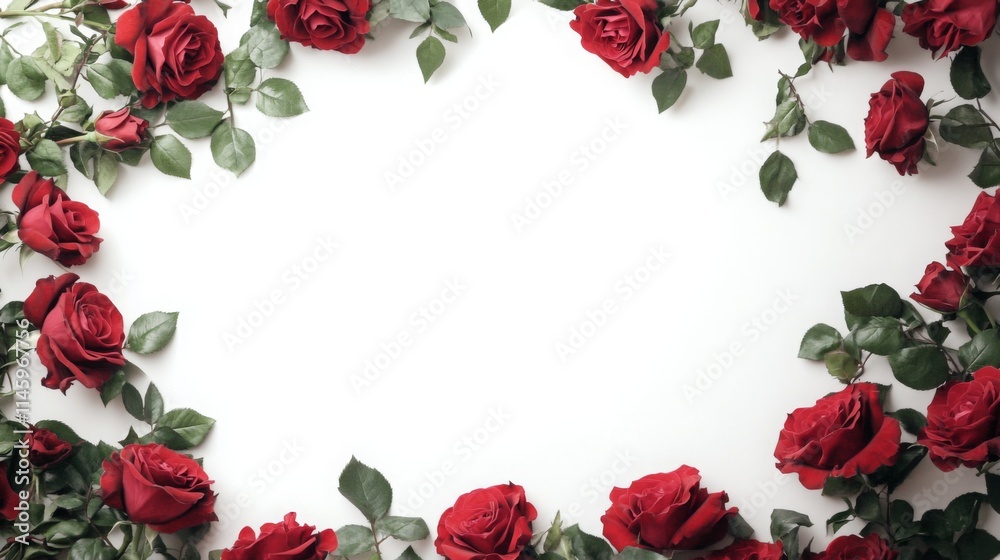 Poster red roses are beautifully arranged with green leaves surrounding an empty space. this layout creates