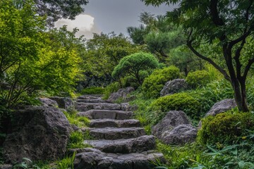 Obraz premium Lush green forest with stone path, perfect for outdoor adventures and nature photography