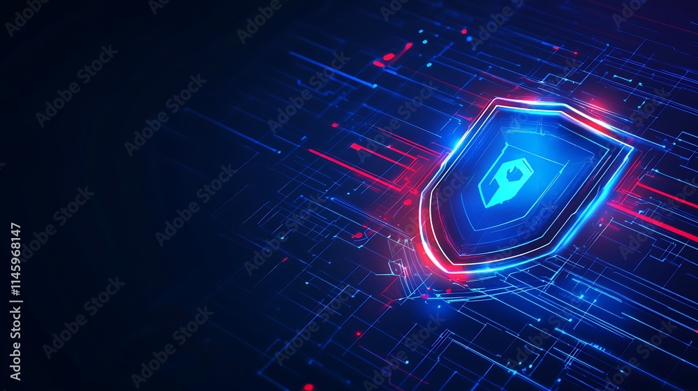 Poster futuristic digital shield with glowing lines and circuit patterns, representing cyber security techn