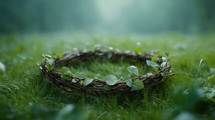 A crown crafted from nature, made of twigs and leaves, resting on a grassy meadow.