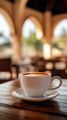 Fototapeta premium Aromatic Coffee Steam in a Cozy Outdoor Cafe