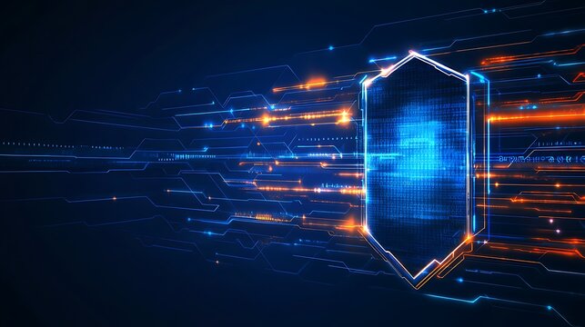 Futuristic Digital Shield with Glowing Lines and Matrix Design for Cybersecurity Concept